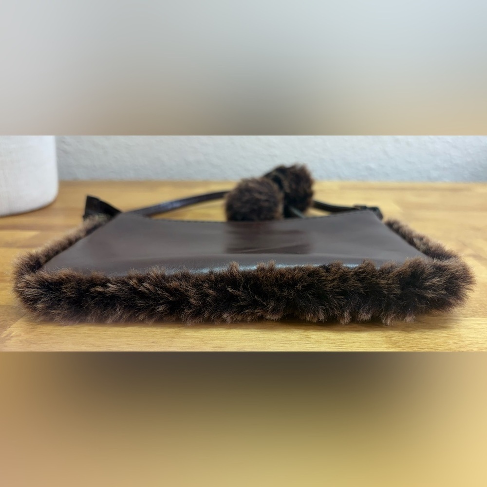 Patricia Nash Brown Leather Faux Fur Trim Mini Bag Pouch Pom Pom - Picture 3 of 7